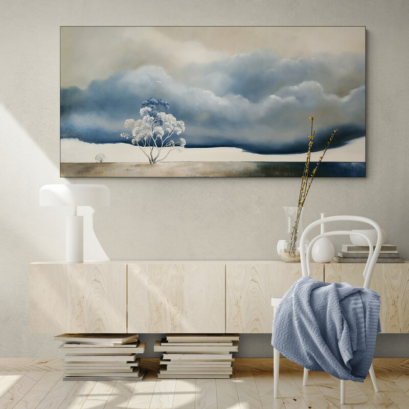Original Australian atmospheric landscape oil painting featuring a dramatic sky with soft light breaking through layered clouds
