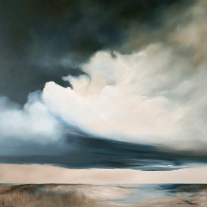 The Tide Falls Silent – original Australian atmospheric seascape oil painting featuring a soft shoreline, gentle waves and a moody post-storm sky, with layered clouds and quiet light, framed in natural oak