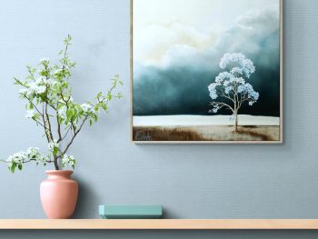 Original Australian atmospheric landscape oil painting featuring a dramatic sky with soft light breaking through layered clouds and featuring gum trees