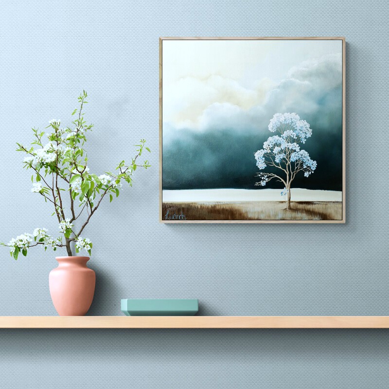 Original Australian atmospheric landscape oil painting featuring a dramatic sky with soft light breaking through layered clouds and featuring gum trees