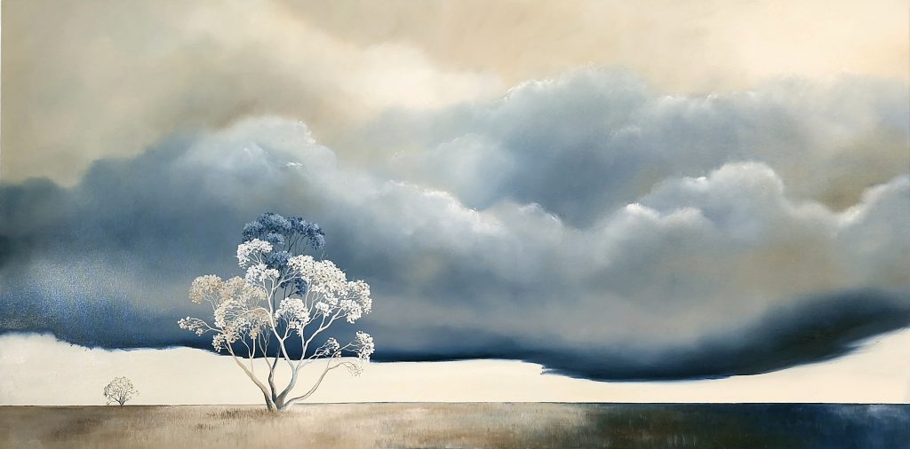 Original Australian atmospheric landscape oil painting featuring a dramatic sky with soft light breaking through layered clouds