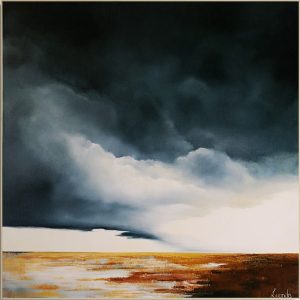 A large oil painting of a stormy sky over a flat landscape. Dark blue-grey clouds dominate the upper portion, with a soft break of pale light near the horizon. The ground is warm ochre with darker patches of wet earth and shallow puddles reflecting the sky. The scene feels calm and still after heavy rain, original oil painting from Lucinda Leveille