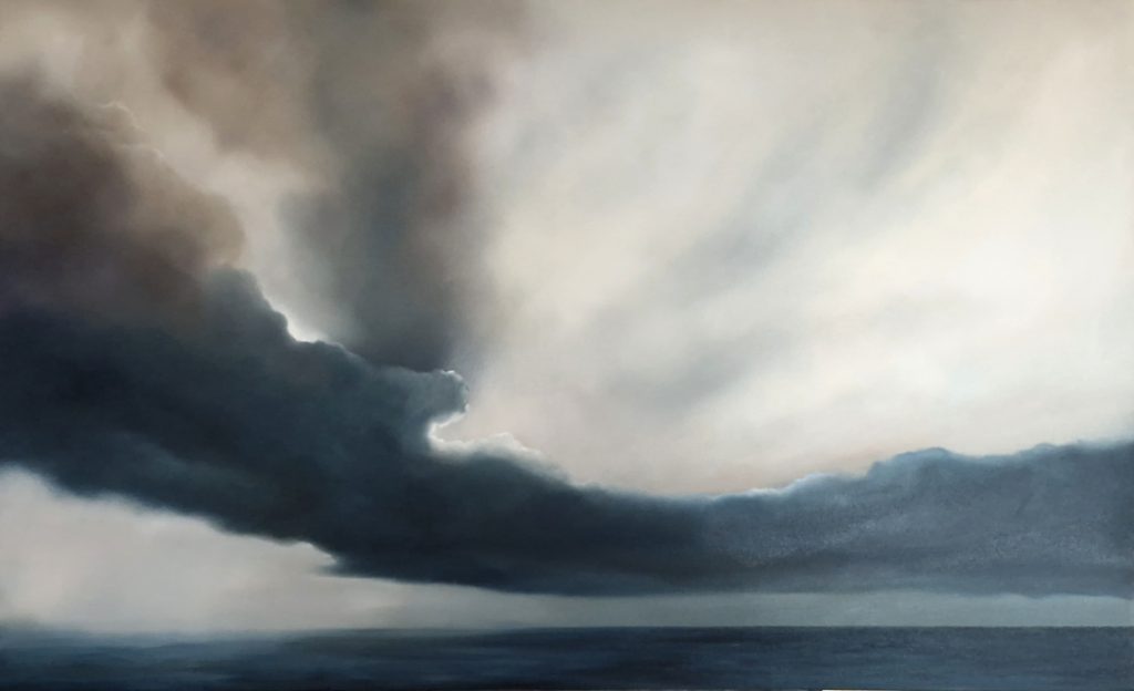Doyles entry – Australian atmospheric seascape oil painting with low horizon, heavy cloud formation and soft returning light after storm