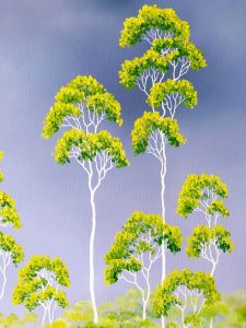 detail of Australian landscape painting featuring gum trees