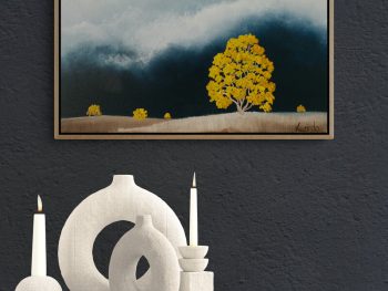 Atmospheric landscape painting with golden trees and dark storm sky by Australian artist Lucinda Leveille