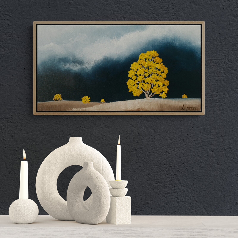 Atmospheric landscape painting with golden trees and dark storm sky by Australian artist Lucinda Leveille