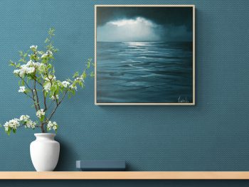 Original Australian atmospheric seascape oil painting featuring a dramatic sky with soft light breaking through layered clouds