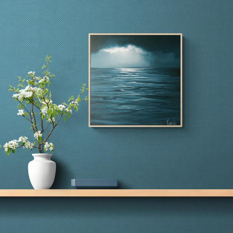 Original Australian atmospheric seascape oil painting featuring a dramatic sky with soft light breaking through layered clouds