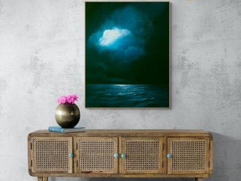 Original Australian atmospheric seascape oil painting featuring a dramatic sky with soft light breaking through layered clouds