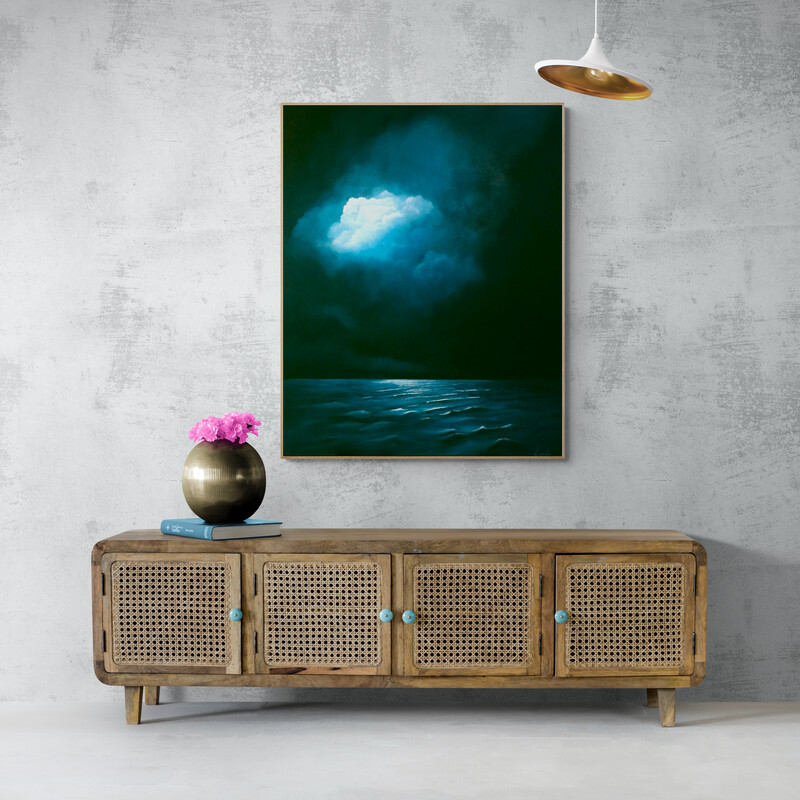 Original Australian atmospheric seascape oil painting featuring a dramatic sky with soft light breaking through layered clouds