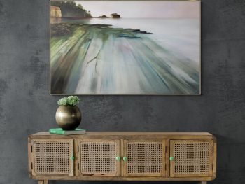 Original Australian atmospheric landscape oil painting featuring a dramatic sky with soft light breaking through layered tessellated pavement of Tasmania