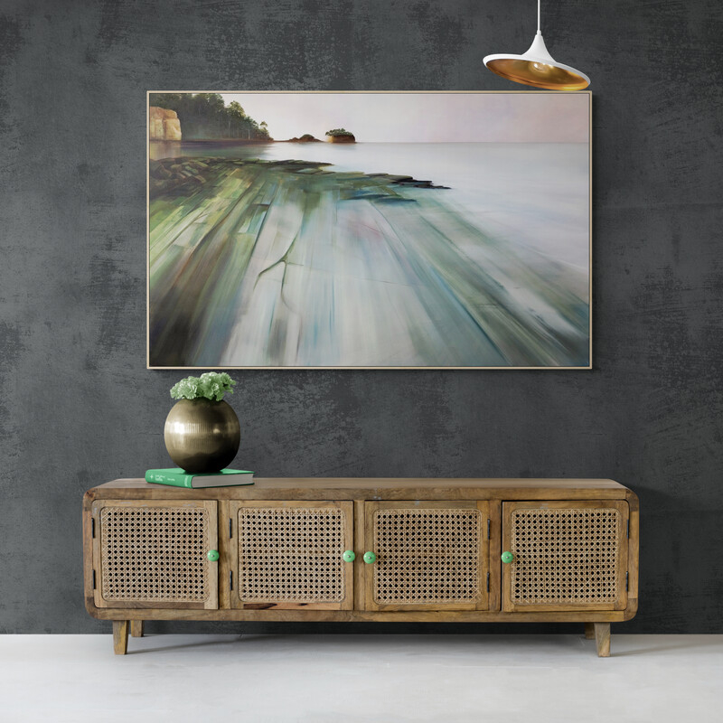 Original Australian atmospheric landscape oil painting featuring a dramatic sky with soft light breaking through layered tessellated pavement of Tasmania