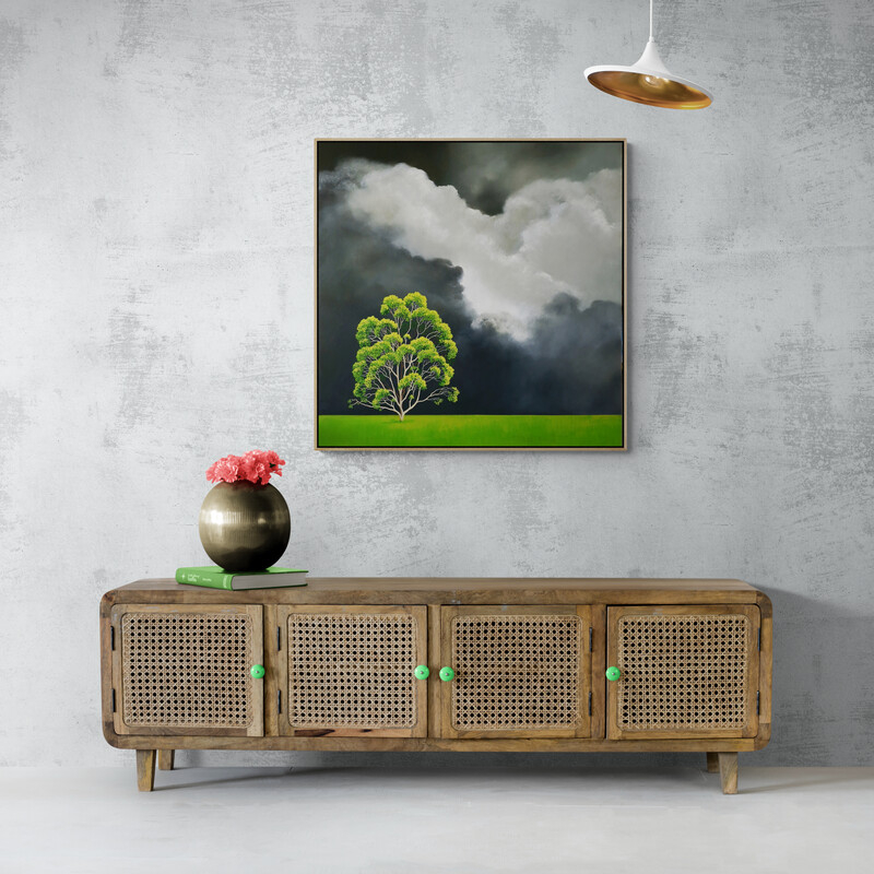 Original Australian atmospheric landscape oil painting featuring a dramatic sky with soft light breaking through layered clouds