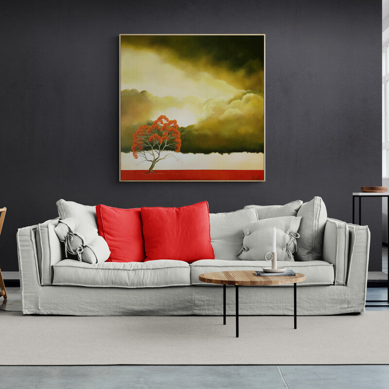 Australian atmospheric landscape featuring a vast cloud covered sky and a single gum tree oil painting by Lucinda Leveille
