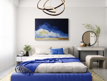 Australian atmospheric landscape featuring a vast cloud covered sky and a single gum tree oil painting by Lucinda Leveille