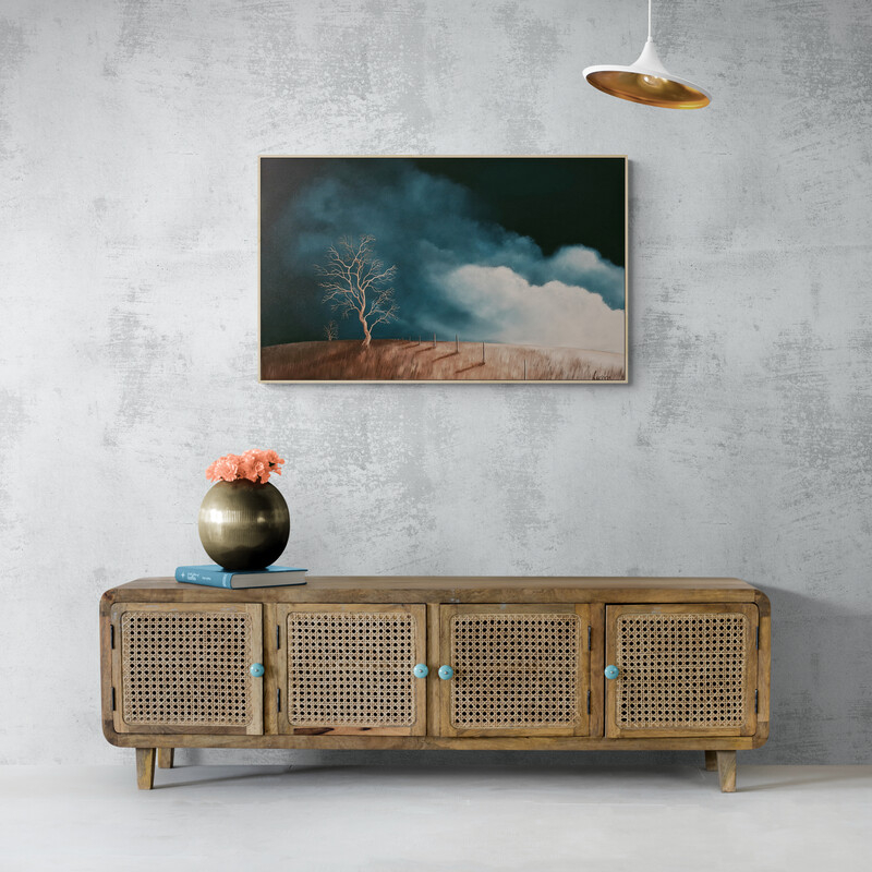 Original Australian atmospheric landscape oil painting featuring a dramatic sky with soft light breaking through layered clouds and featuring gum trees