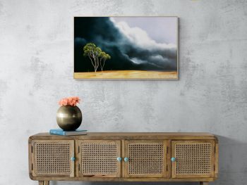Original Australian atmospheric landscape oil painting featuring a dramatic sky with soft light breaking through layered clouds and featuring gum trees