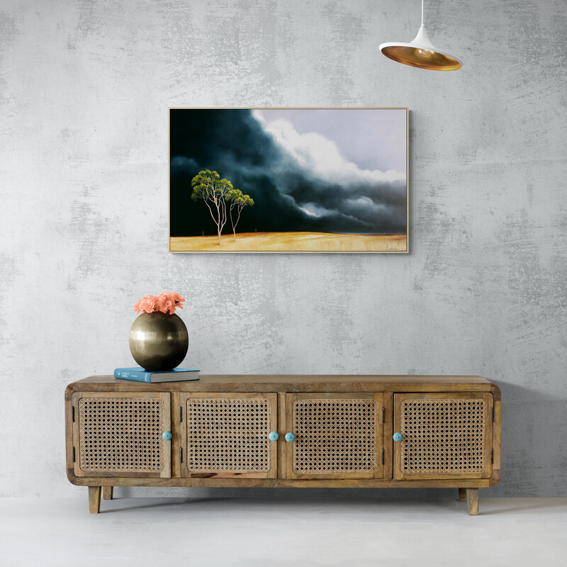Original Australian atmospheric landscape oil painting featuring a dramatic sky with soft light breaking through layered clouds and featuring gum trees