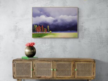 Original Australian atmospheric landscape oil painting featuring a dramatic sky with soft light breaking through layered clouds and featuring gum trees