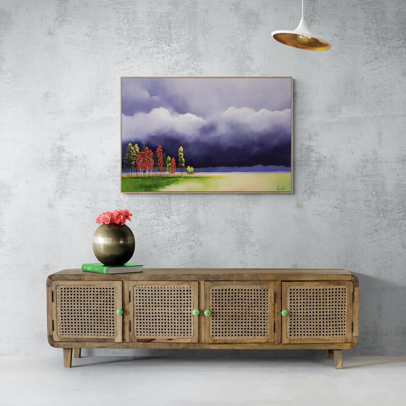 Original Australian atmospheric landscape oil painting featuring a dramatic sky with soft light breaking through layered clouds and featuring gum trees