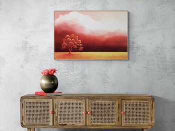 Original Australian atmospheric landscape oil painting featuring a dramatic sky with soft light breaking through layered clouds and featuring gum trees