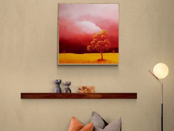 Original Australian atmospheric landscape oil painting featuring a dramatic sky with soft light breaking through layered clouds and featuring gum trees