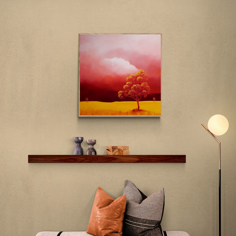 Original Australian atmospheric landscape oil painting featuring a dramatic sky with soft light breaking through layered clouds and featuring gum trees