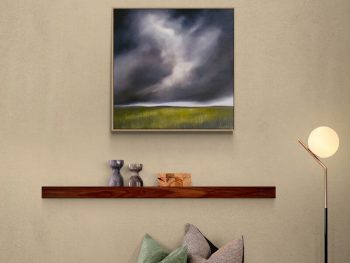 Original Australian atmospheric landscape oil painting featuring a dramatic sky with soft light breaking through layered clouds and featuring gum trees