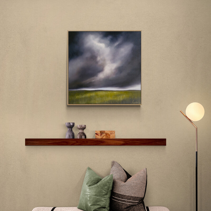 Original Australian atmospheric landscape oil painting featuring a dramatic sky with soft light breaking through layered clouds and featuring gum trees