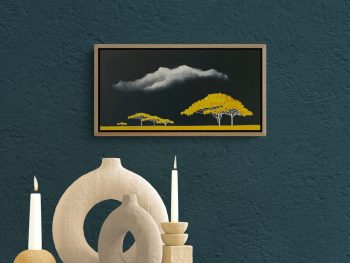 Small Australian savanna landscape painting with yellow trees and dark storm sky by Lucinda Leveille