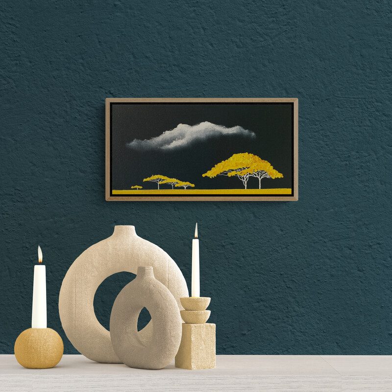 Small Australian savanna landscape painting with yellow trees and dark storm sky by Lucinda Leveille
