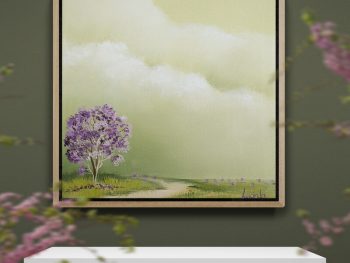 Australian jacaranda landscape painting with purple flowering tree and soft green atmospheric sky by Lucinda Leveille