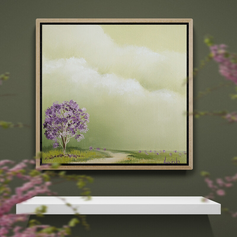 Australian jacaranda landscape painting with purple flowering tree and soft green atmospheric sky by Lucinda Leveille