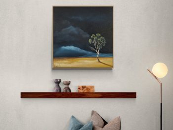 Original Australian atmospheric landscape oil painting featuring a dramatic sky with soft light breaking through layered clouds and featuring gum trees