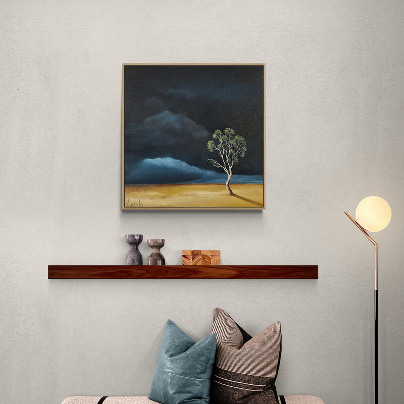 Original Australian atmospheric landscape oil painting featuring a dramatic sky with soft light breaking through layered clouds and featuring gum trees