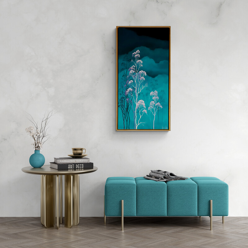 Original Australian atmospheric landscape oil painting featuring a dramatic sky with soft light breaking through layered clouds and featuring gum trees