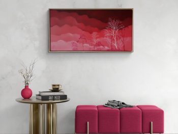 Original Australian atmospheric landscape oil painting featuring a dramatic sky with soft light breaking through layered clouds and featuring gum trees