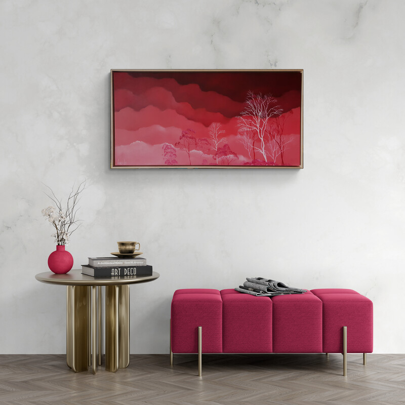 Original Australian atmospheric landscape oil painting featuring a dramatic sky with soft light breaking through layered clouds and featuring gum trees