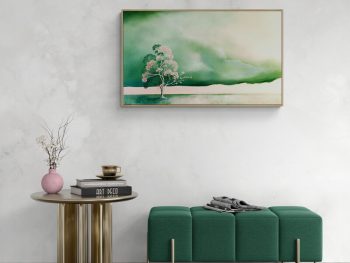 Original Australian atmospheric landscape oil painting featuring a dramatic sky with soft light breaking through layered clouds and featuring gum trees