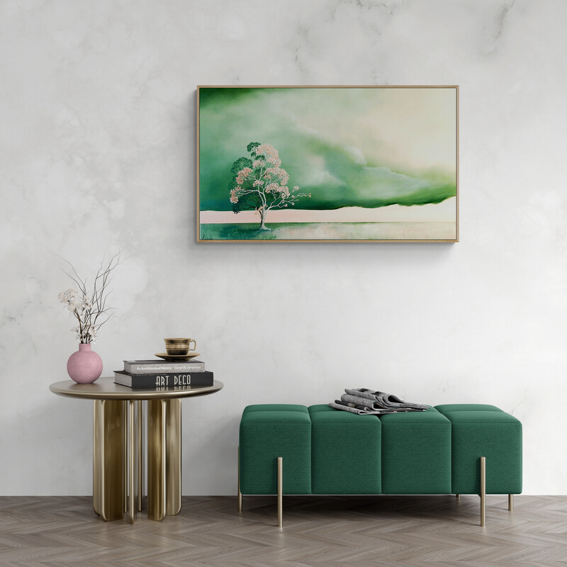 Original Australian atmospheric landscape oil painting featuring a dramatic sky with soft light breaking through layered clouds and featuring gum trees