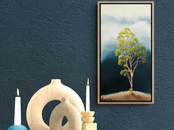 Small atmospheric landscape painting with solitary tree and stormy blue-grey sky by Lucinda Leveille