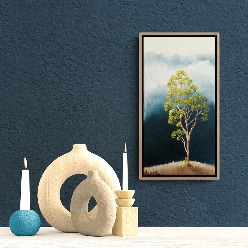 Small atmospheric landscape painting with solitary tree and stormy blue-grey sky by Lucinda Leveille