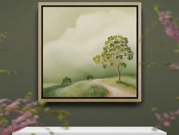Small Australian landscape painting with winding path and soft green sky by Lucinda Leveille