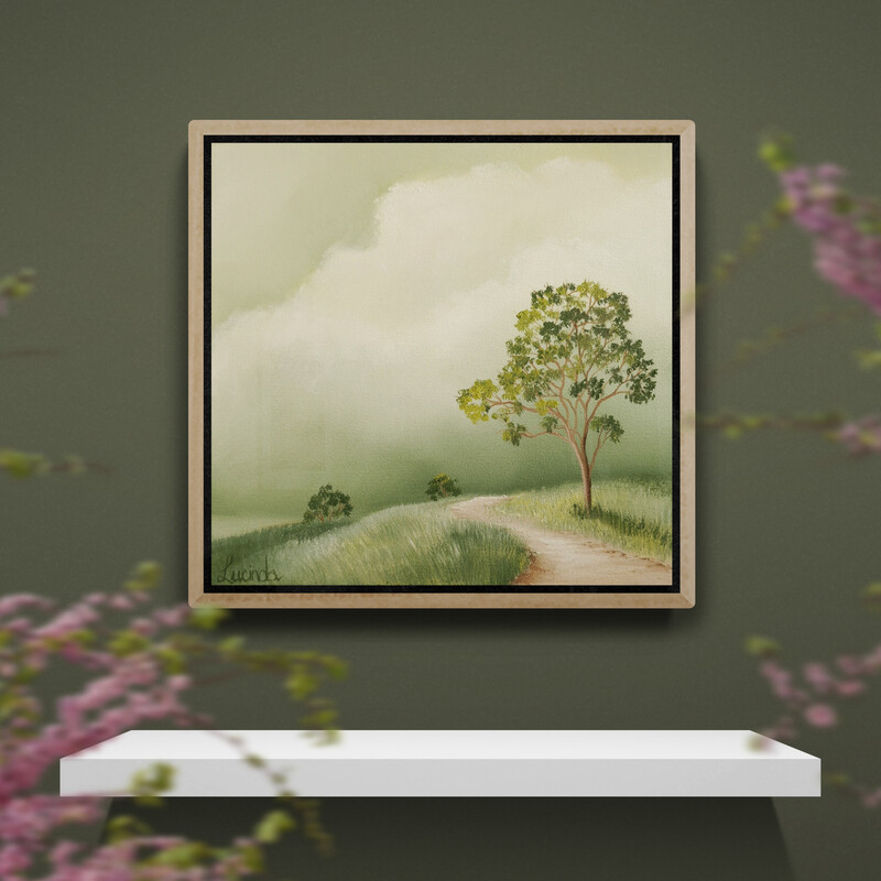 Small Australian landscape painting with winding path and soft green sky by Lucinda Leveille