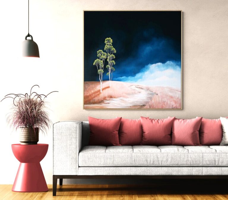 The Softest Warning | Original Australian atmospheric landscape painting featuring two gum trees beside a quiet path beneath expansive storm-softened skies. 100 x 100 cm oil on canvas. Shown here in insitu