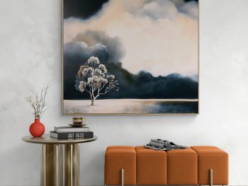 Original Australian atmospheric landscape oil painting featuring a dramatic sky with soft light breaking through layered clouds and featuring gum trees