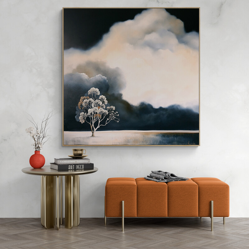 Original Australian atmospheric landscape oil painting featuring a dramatic sky with soft light breaking through layered clouds and featuring gum trees