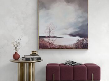 Original Australian atmospheric landscape oil painting featuring a dramatic sky with soft light breaking through layered clouds and featuring gum trees