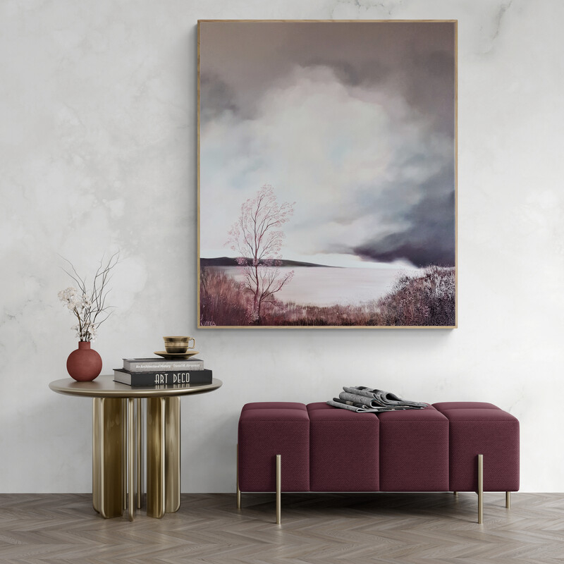 Original Australian atmospheric landscape oil painting featuring a dramatic sky with soft light breaking through layered clouds and featuring gum trees