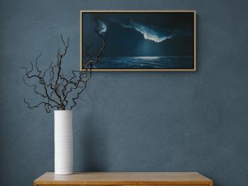 Original Australian atmospheric seascape oil painting featuring a dramatic sky with soft light breaking through layered clouds